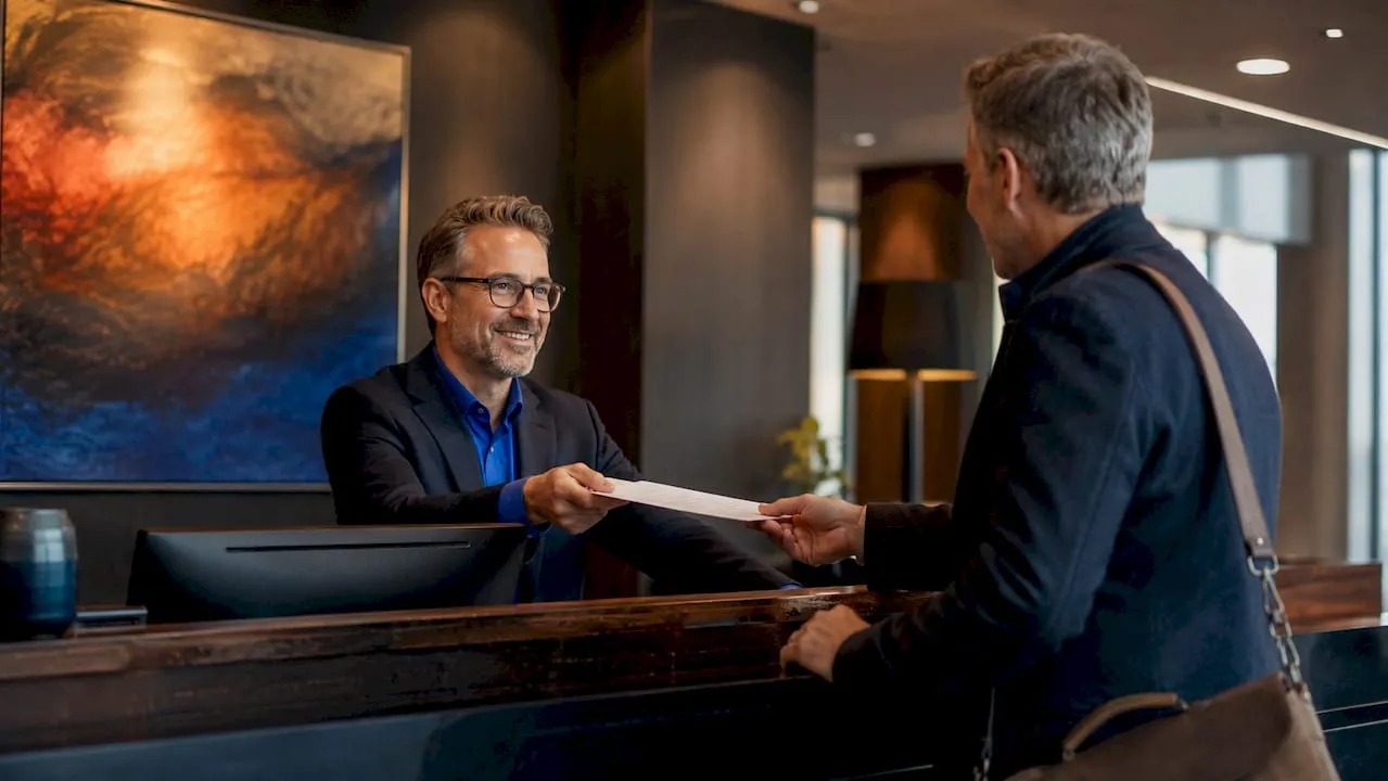 Een medewerker van de receptie ontvangt een hotelgast en helpt bij het inchecken.