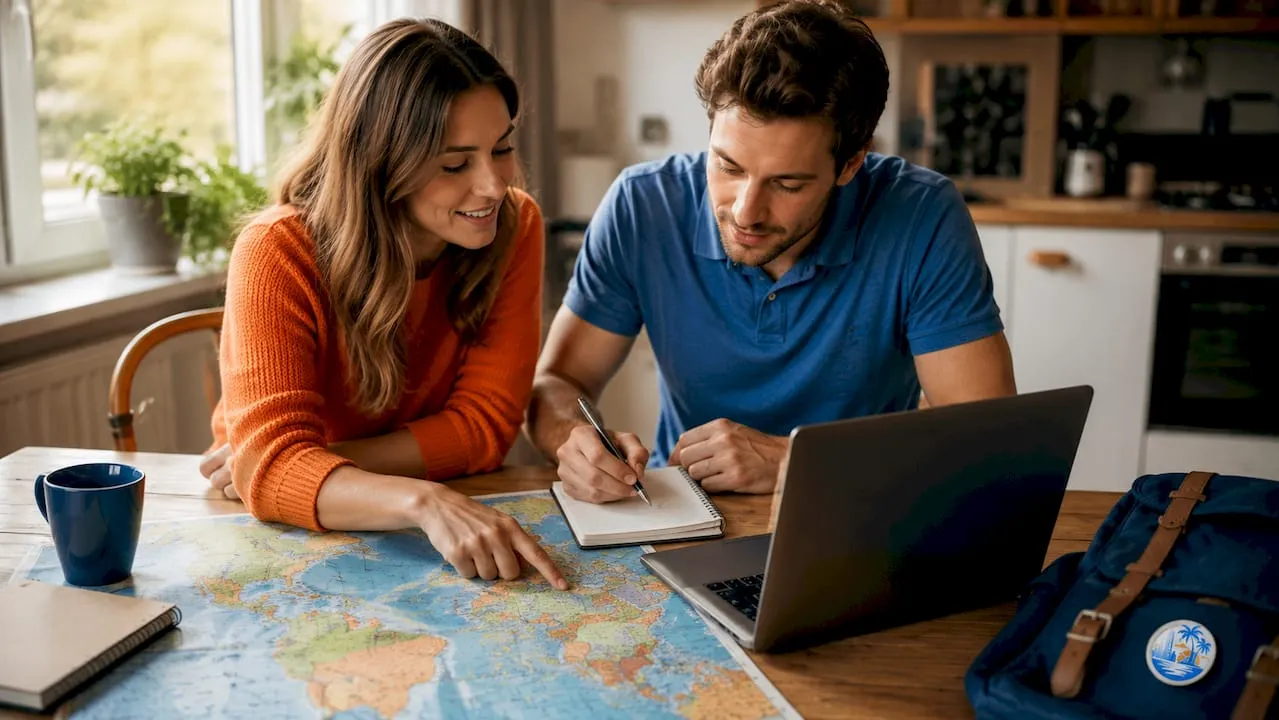Een jong stel zit samen thuis om hun vakantieplannen te bespreken.