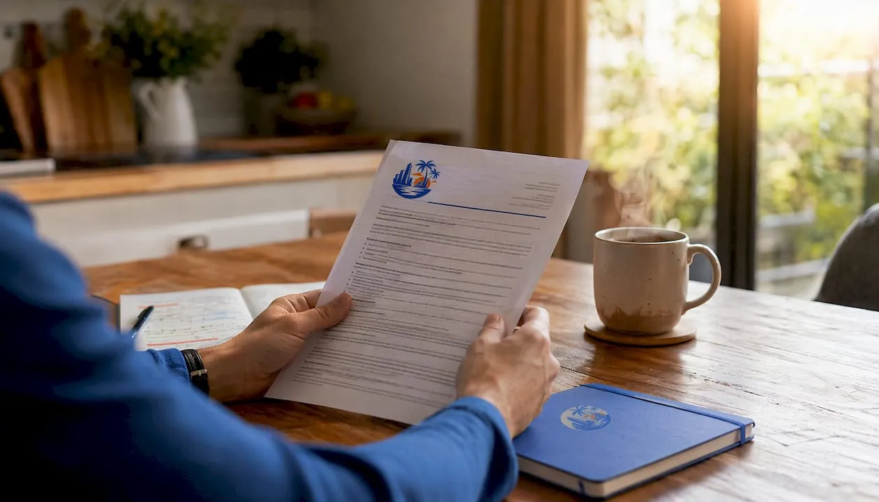 Een paar handen houdt een document met de reisvoorwaarden vast.