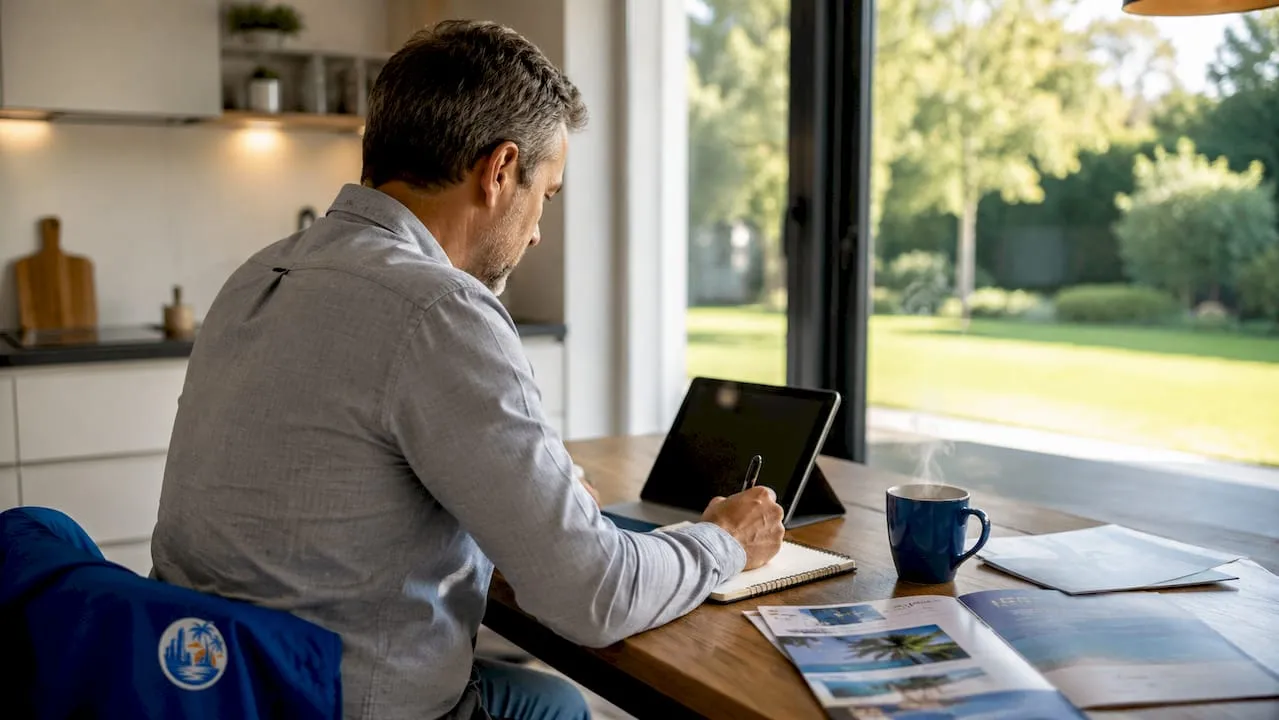 Man zoekt vakantiebestemming vanuit zijn thuiswerkplek op tablet