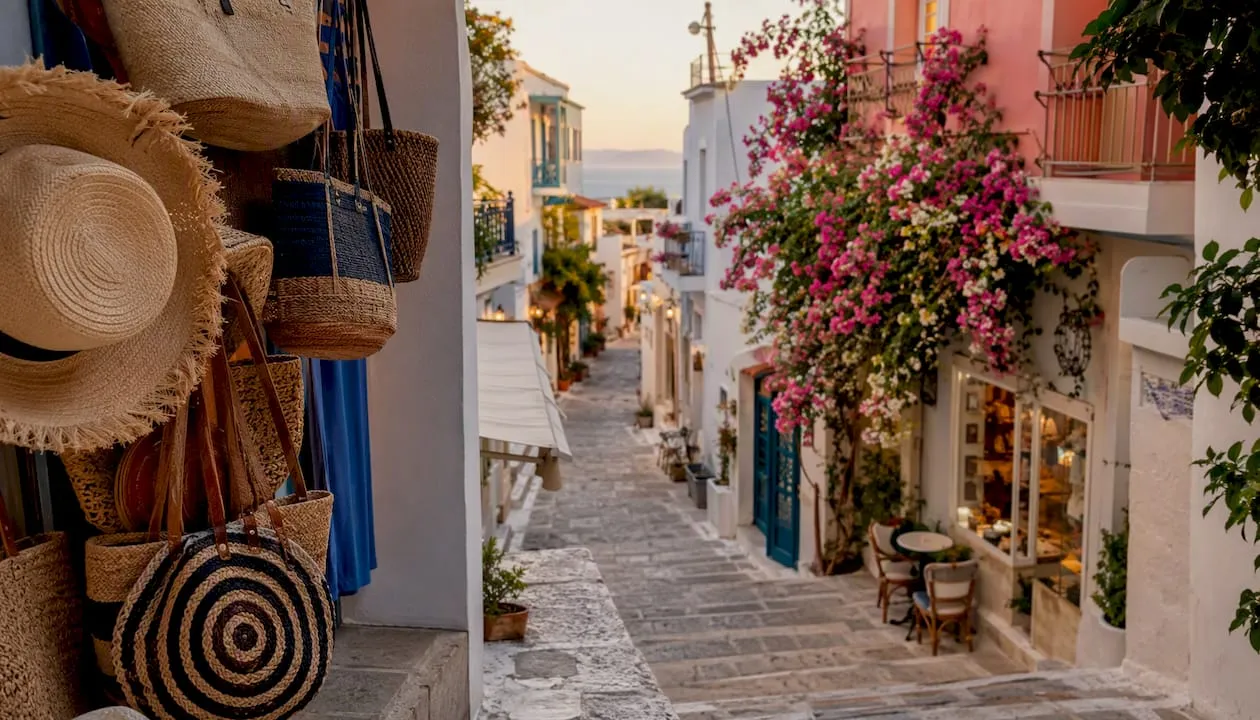Een sfeervol straatje in een zonnig Mediterraan dorpje.