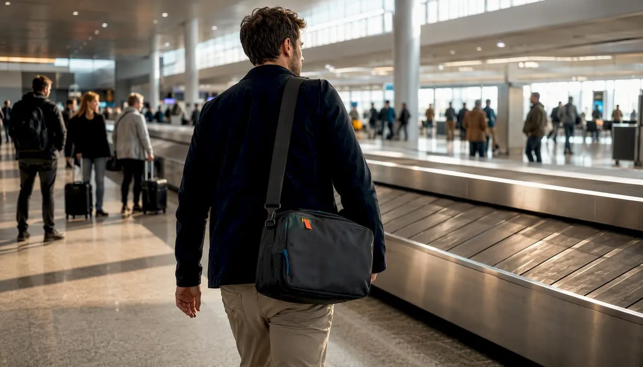 Reiziger loopt langs een lege bagageband