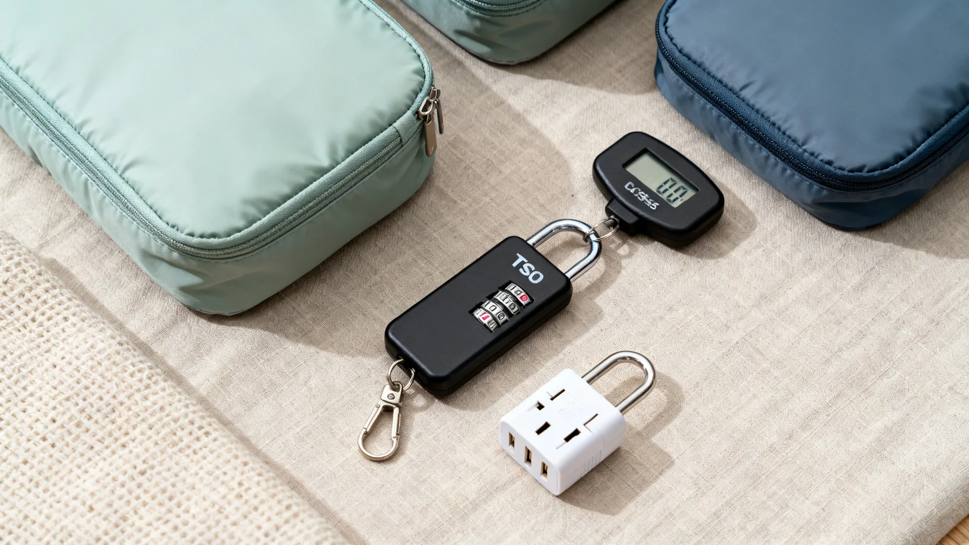 Reisaccessoires zoals packing cubes en kofferslot uitgepakt
